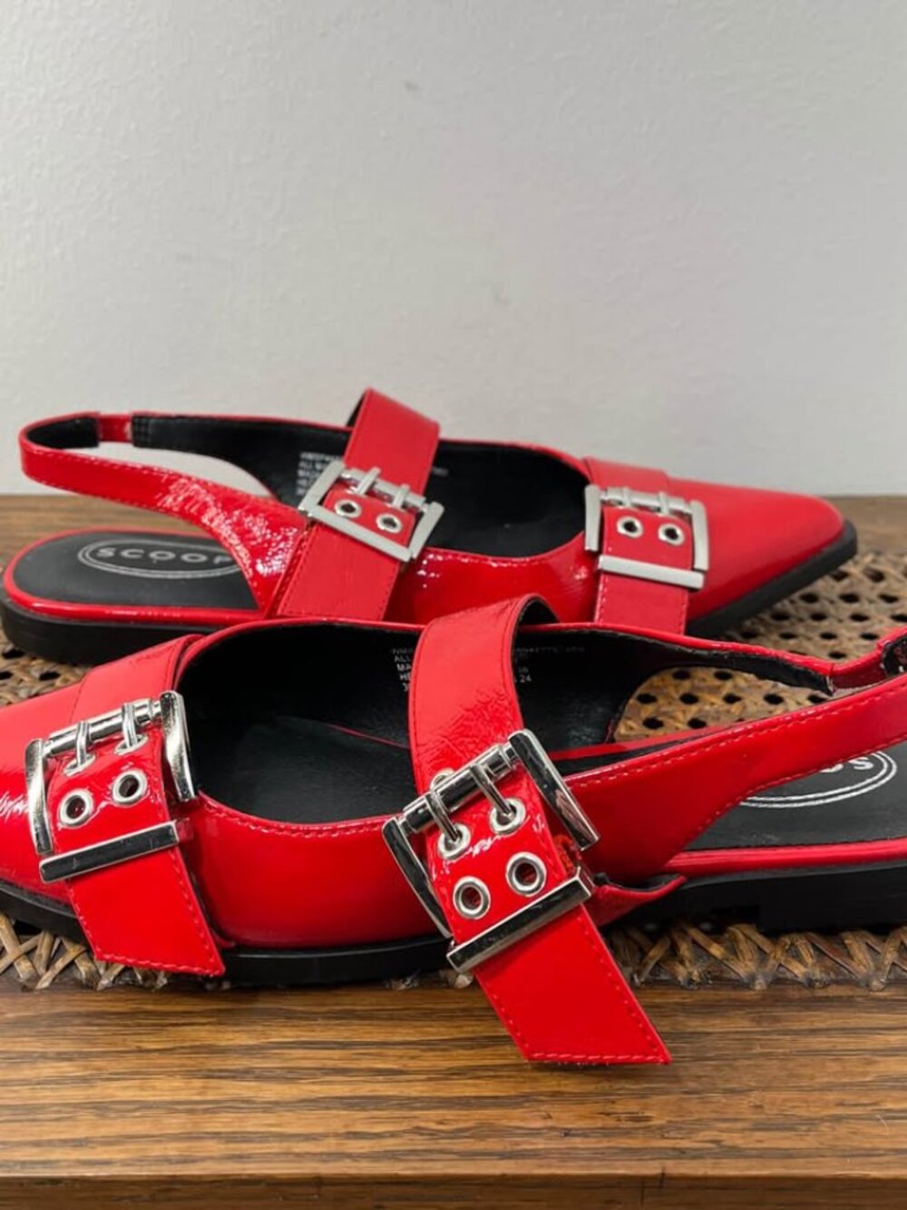 Size 7 City Chic Edgy Double Buckle Red Faux Leather Statement Slingback Flat - Picture 7 of 10